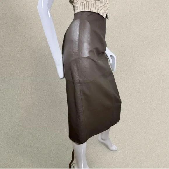 Vintage Vakko Genuine Leather Midi Skirt - Taupe/Mushroom - Made in USA - Size 4 - Picture 4 of 8